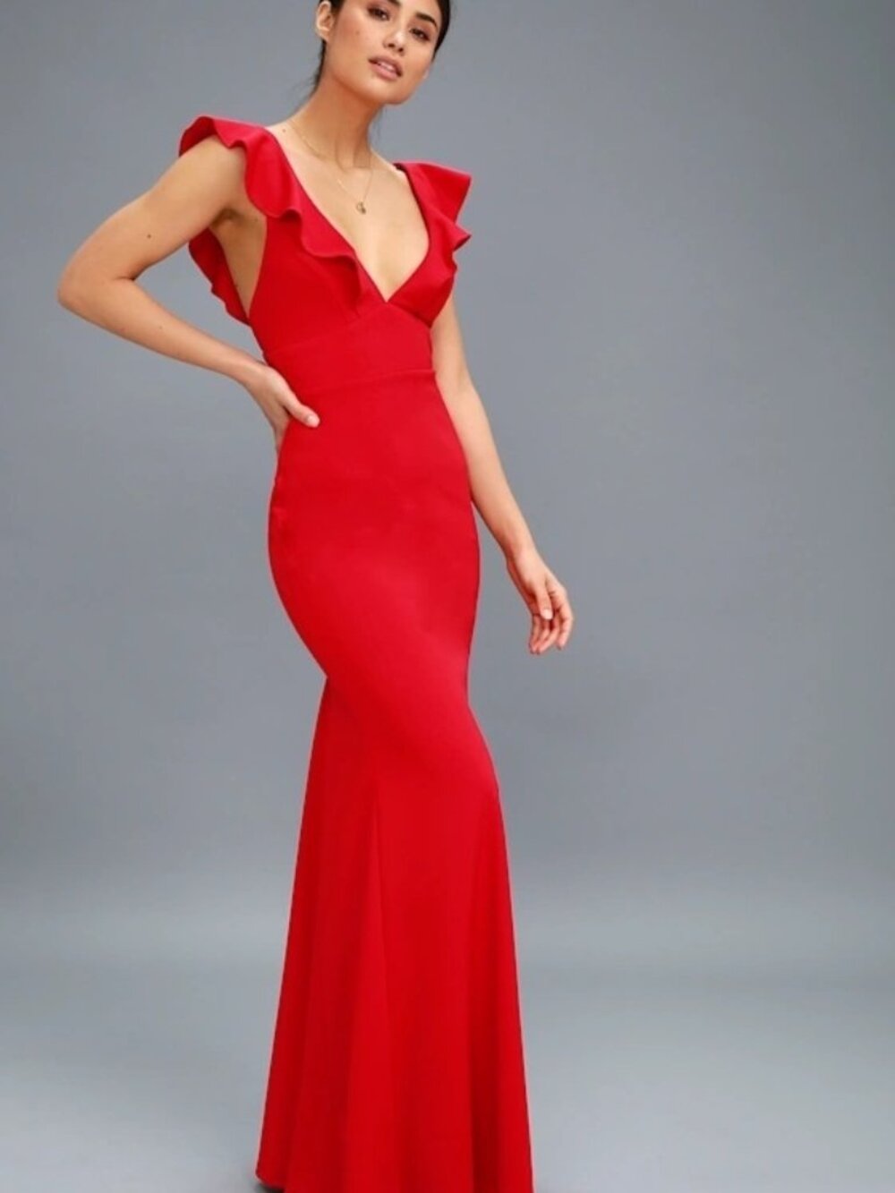 Lulu's Red Ruffle V-Neck Mermaid Gown